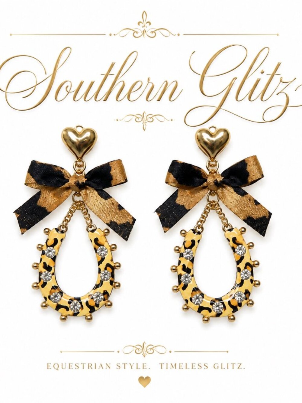 Leopard Print Horseshoe Earrings, Gold Equestrian Statement Earrings, Crystal Ho